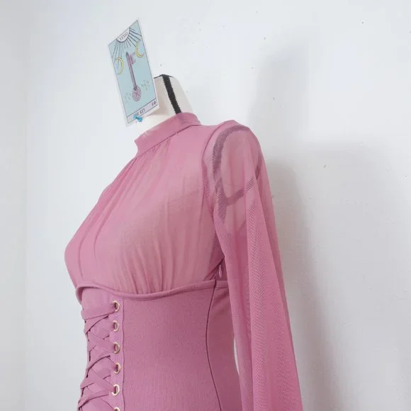Iris Mauve Pink Sheer Mock Neck Long Sleeve Corset Lace Up SZ S Sexy Y2K Dress - Picture 8 of 14